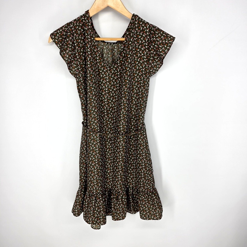 Boden Dress Womens 6P Brown Floral Cherry Blossom Flutter Sleeve‎ Ruffle W0349